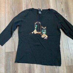 New SWEATERWORKS nylon/rayon BLACK TOP Sequins & Beads COWBOY BOOTS 3/4 sleeve L